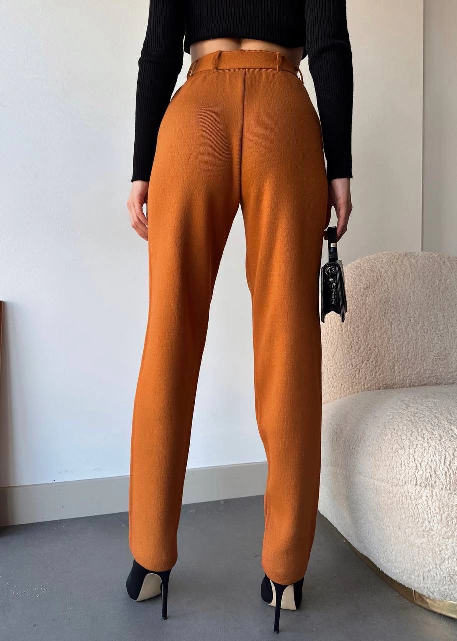 Kendinden kemerli triko pantolon camel