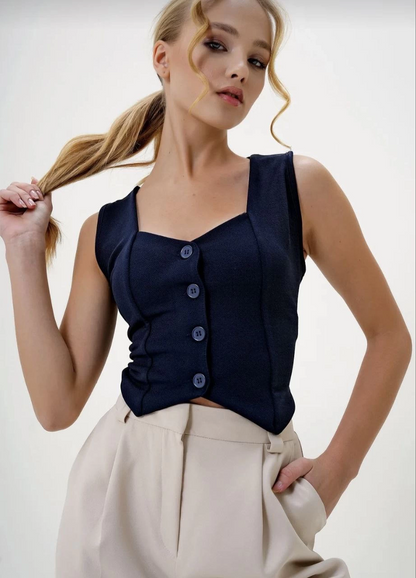 Krep kumaş düğmeli yelek lacivert s3395