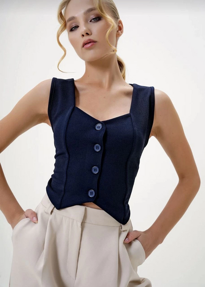 Krep kumaş düğmeli yelek lacivert s3395