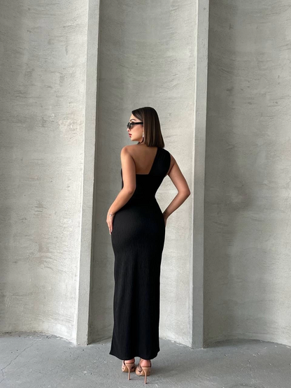 Krinkıl tek omuz uzun elbise siyah s25455