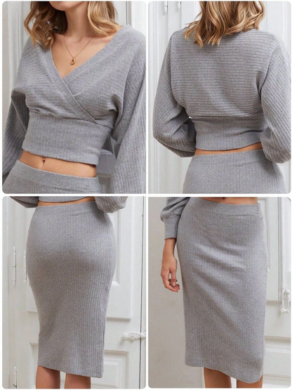 Kruvaze şardonlu etekli takım gri