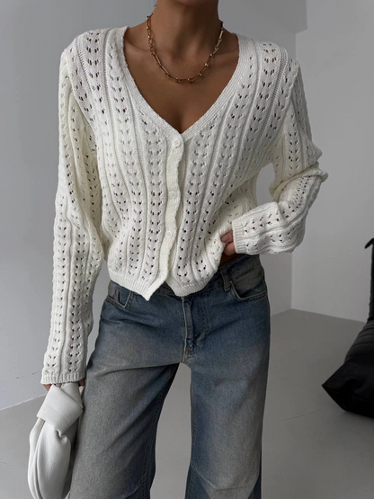 Küçük düğmeli küçük örgülü triko hırka beyaz