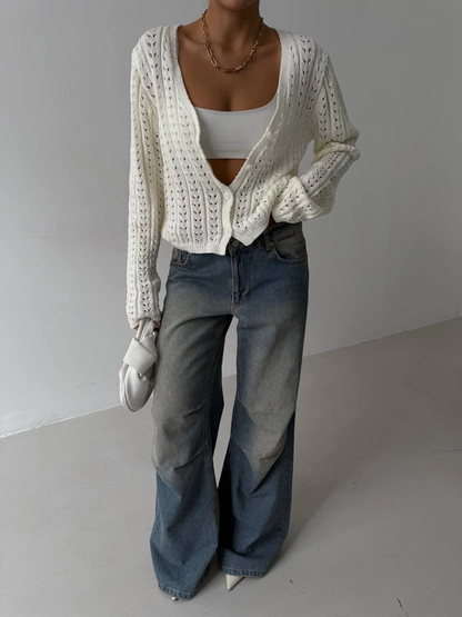 Küçük düğmeli küçük örgülü triko hırka beyaz