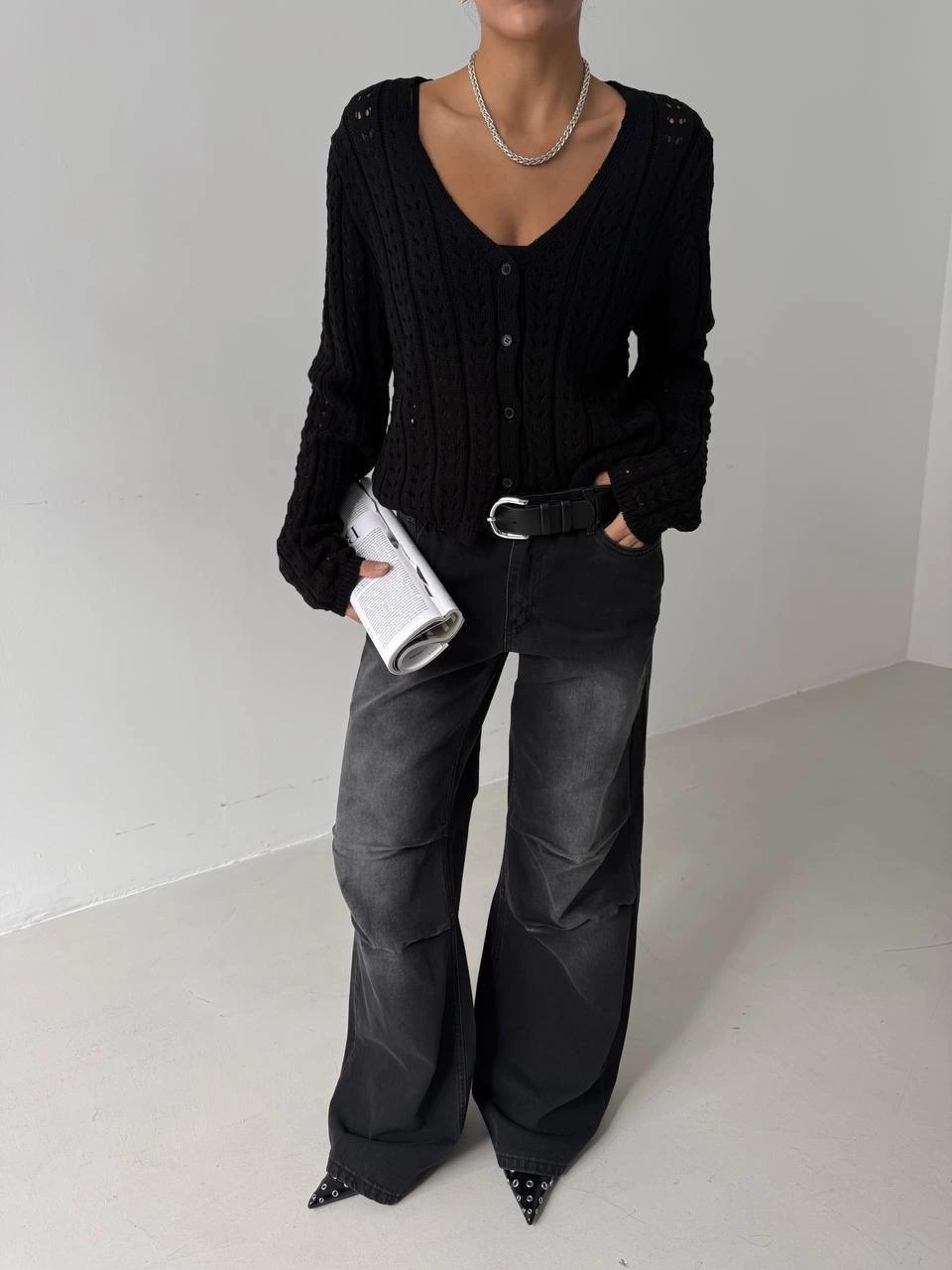 Küçük düğmeli küçük örgülü triko hırka siyah