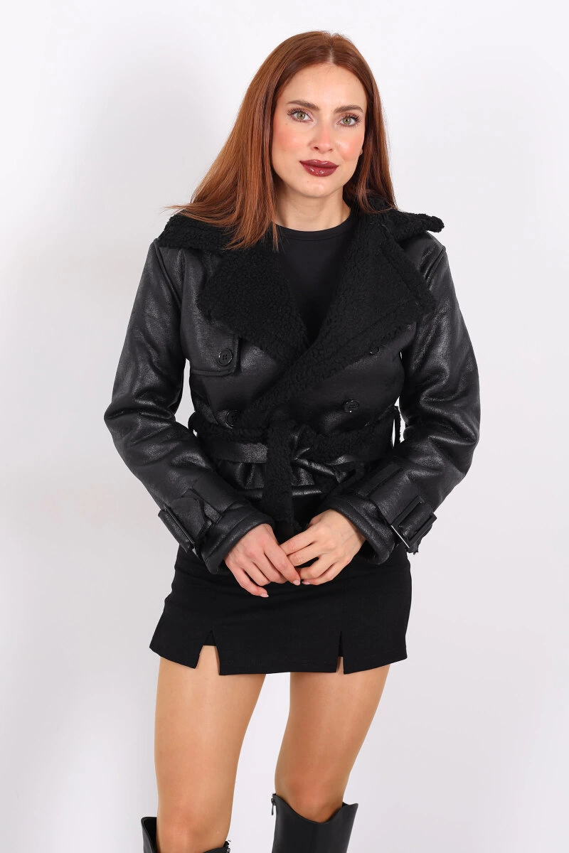 Kürklü Suni Deri Kemerli siyah Kadın Kısa Mont T1256