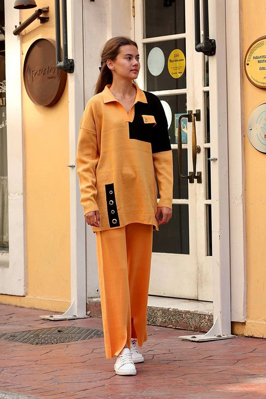 Kuş gözü triko takım Hardal