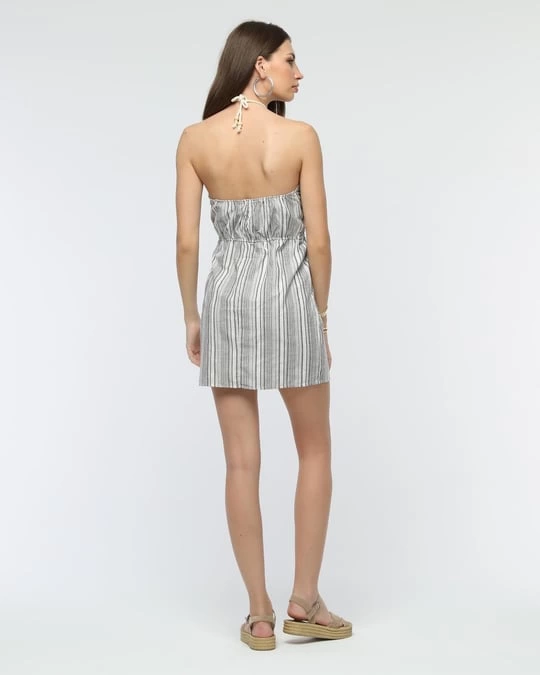 Kuşaklı çizgili mini keten elbise