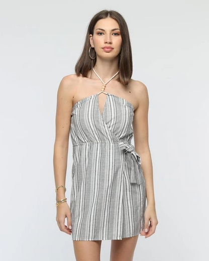 Kuşaklı çizgili mini keten elbise