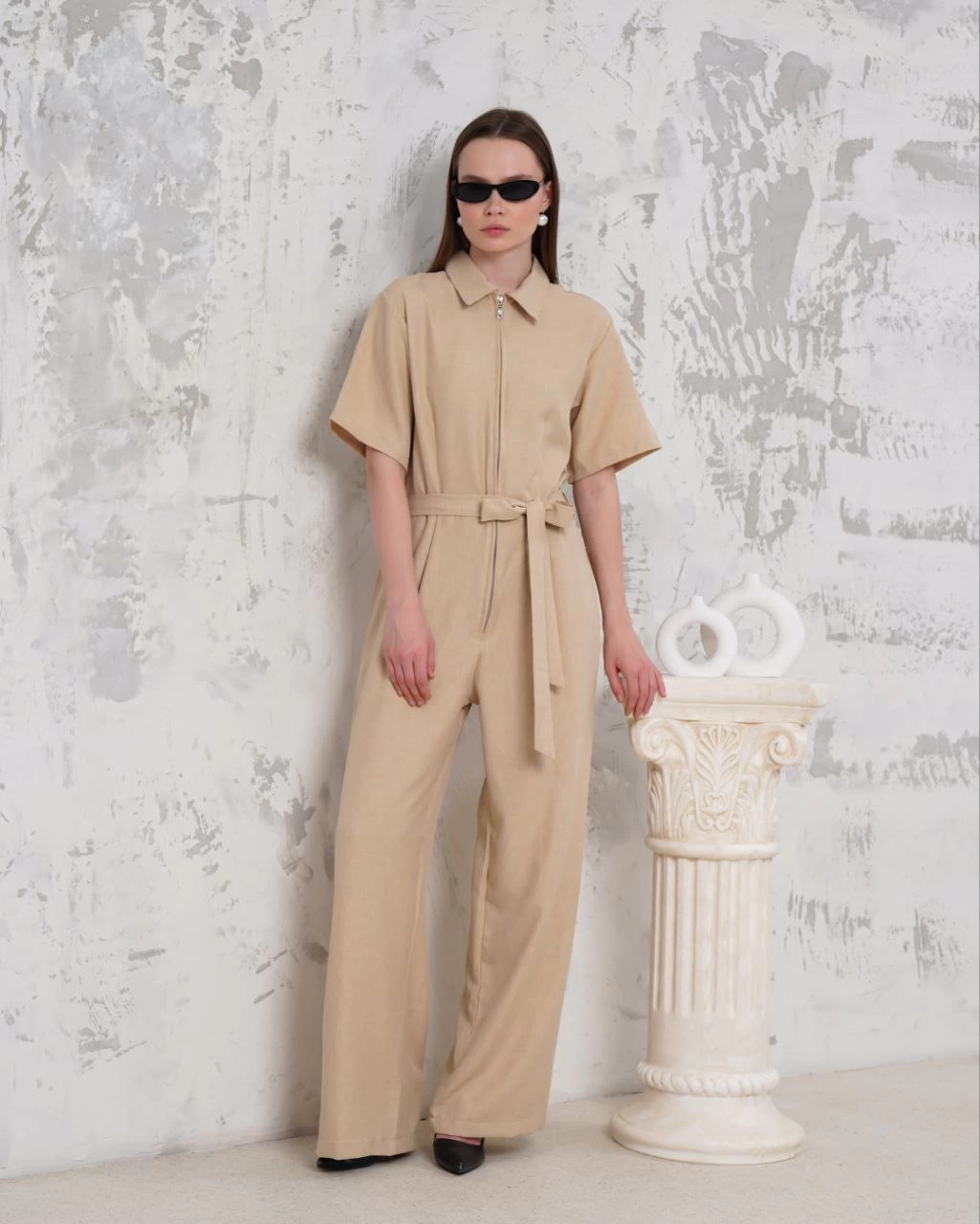 Kuşaklı gömlek yaka salaş tulum bej s255822