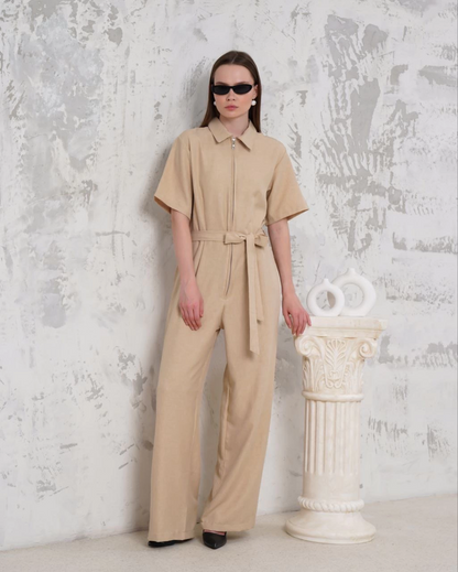 Kuşaklı gömlek yaka salaş tulum bej s255822