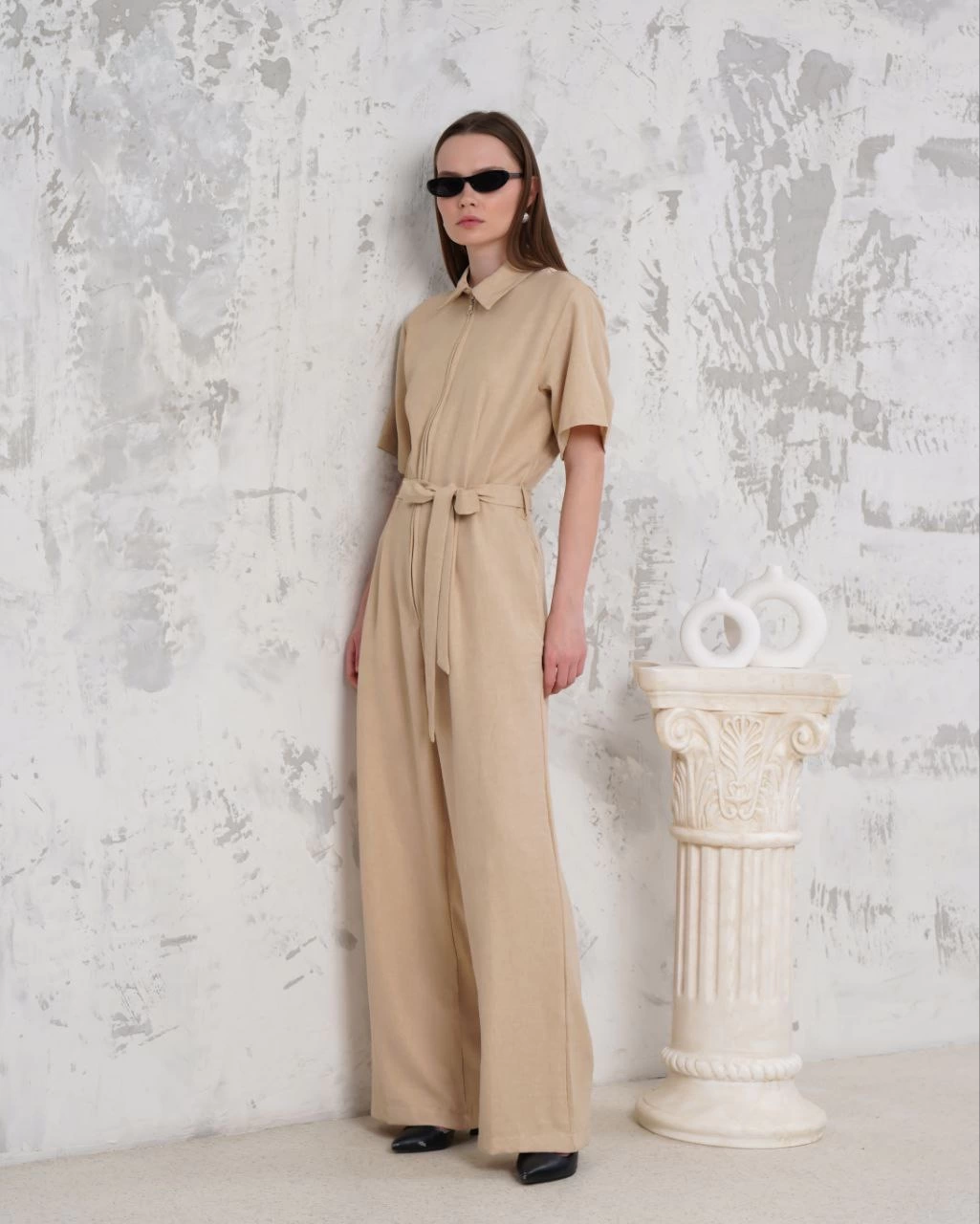 Kuşaklı gömlek yaka salaş tulum bej s255822