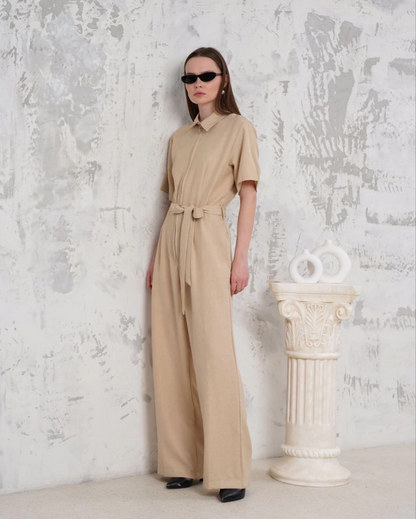 Kuşaklı gömlek yaka salaş tulum bej s255822