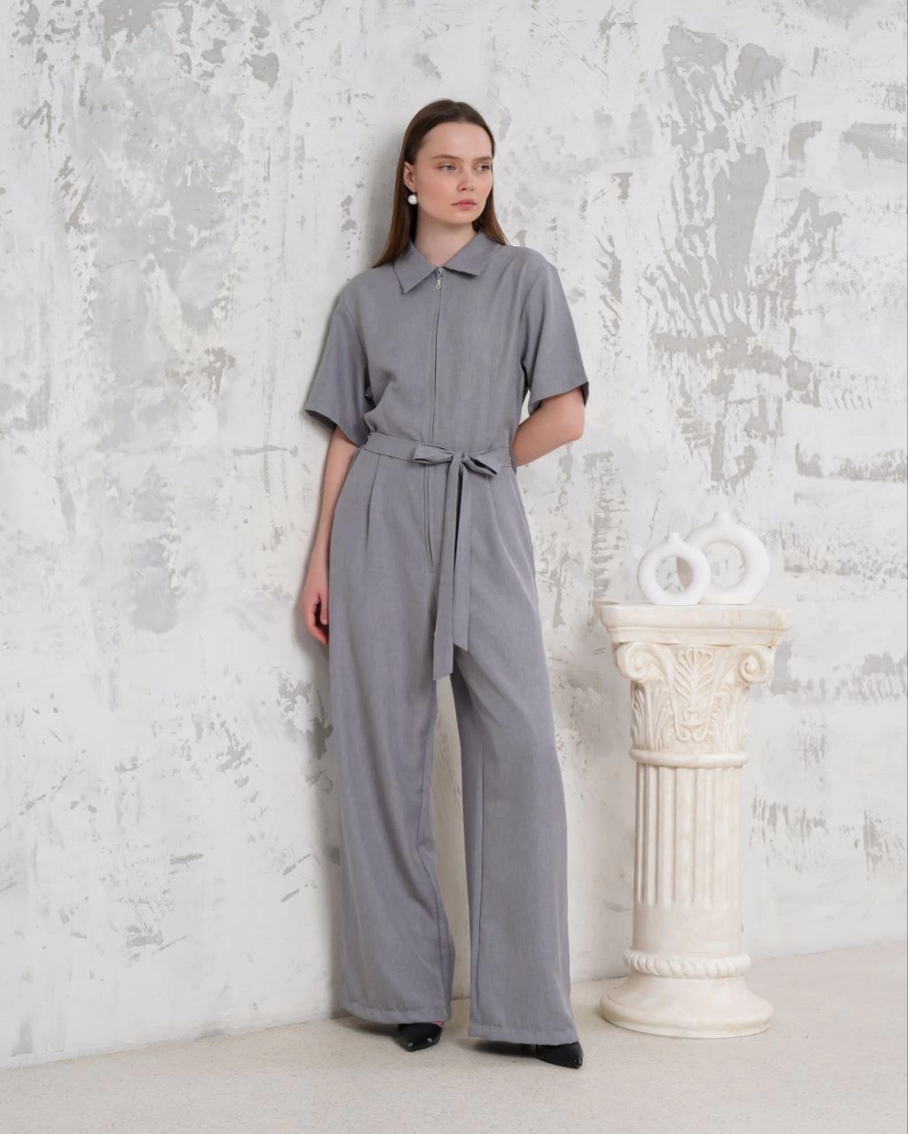 Kuşaklı gömlek yaka salaş tulum gri s255822