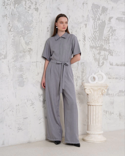 Kuşaklı gömlek yaka salaş tulum gri s255822