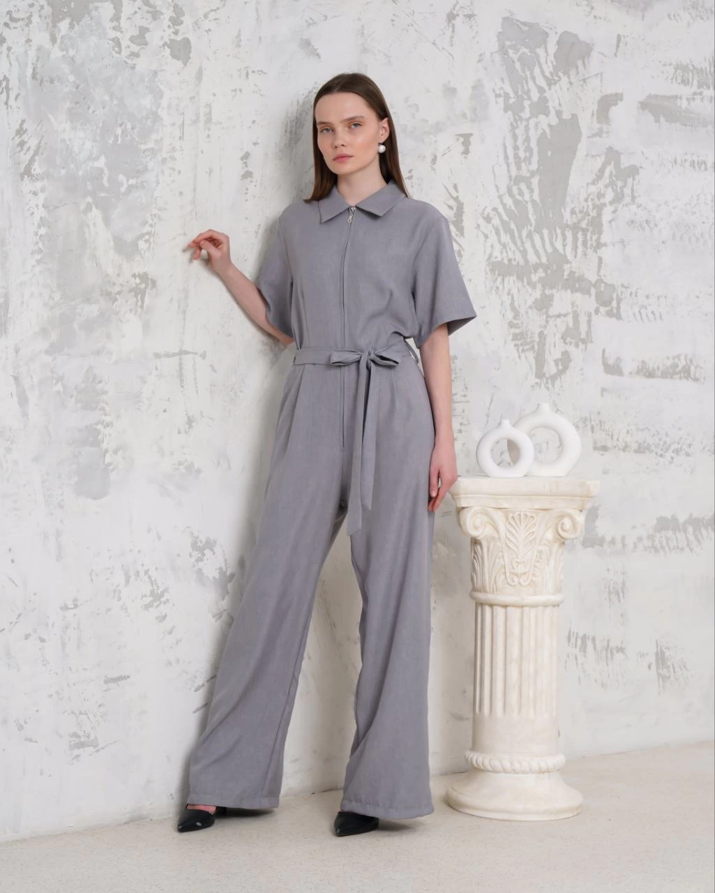 Kuşaklı gömlek yaka salaş tulum gri s255822