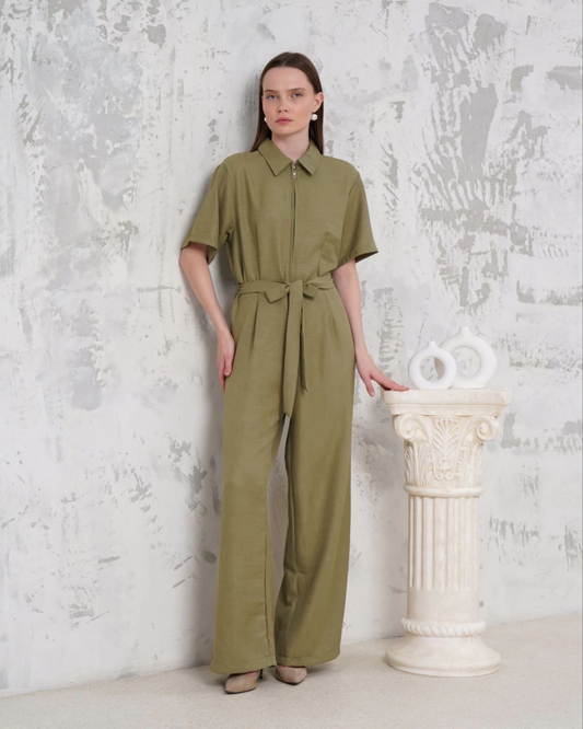 Kuşaklı gömlek yaka salaş tulum haki s255822