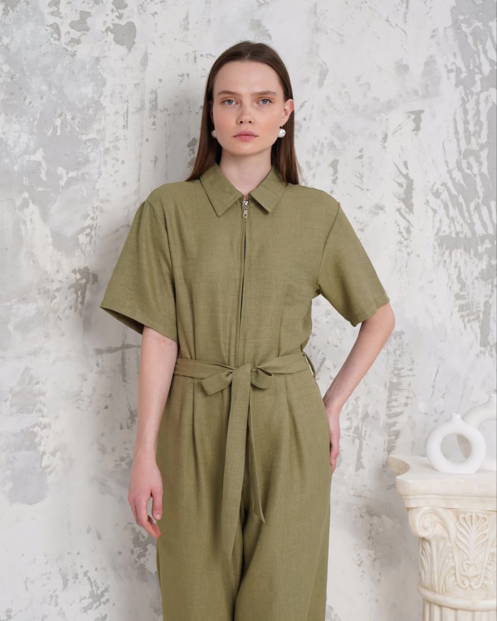 Kuşaklı gömlek yaka salaş tulum haki s255822