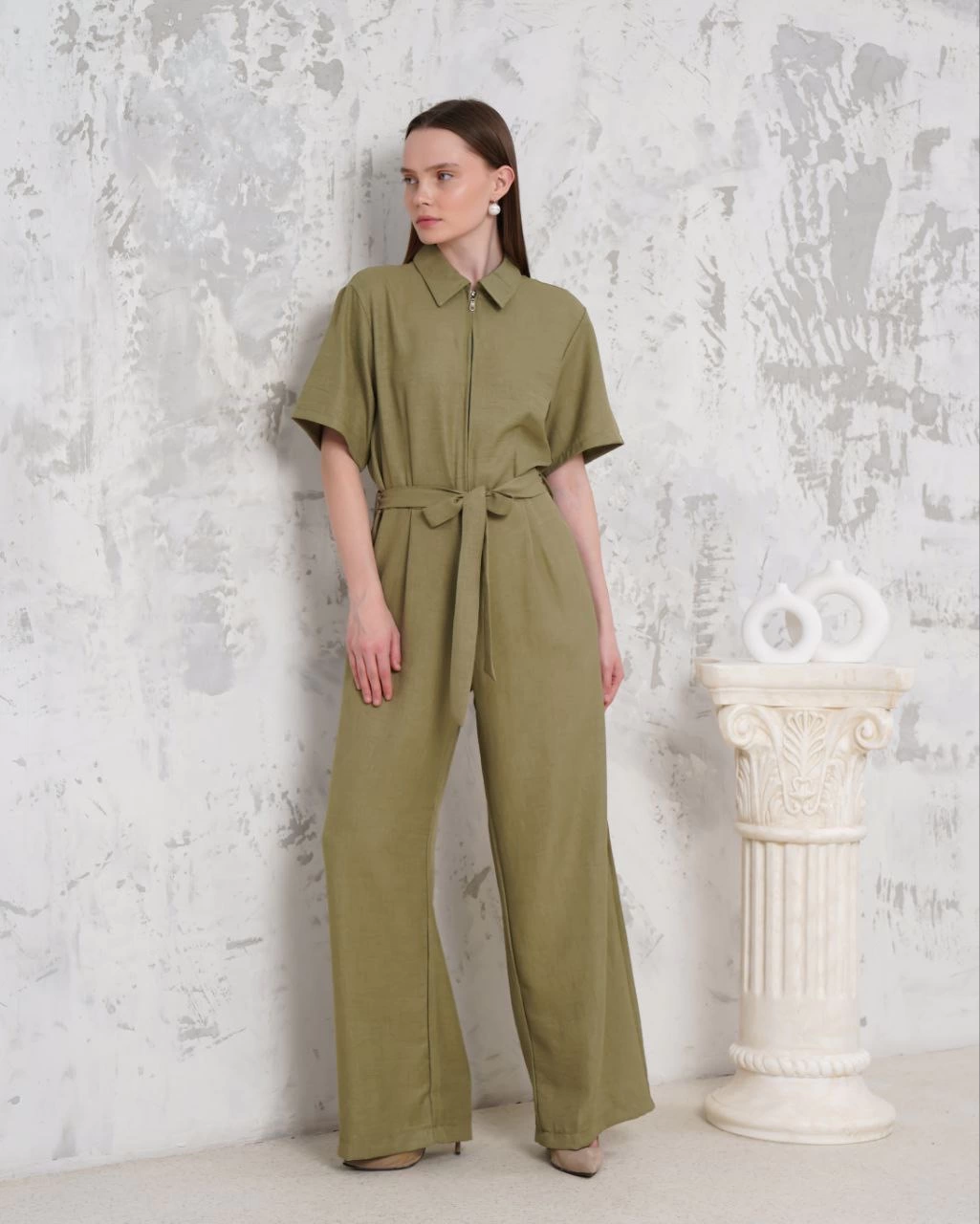 Kuşaklı gömlek yaka salaş tulum haki s255822