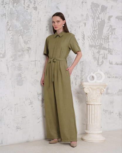 Kuşaklı gömlek yaka salaş tulum haki s255822