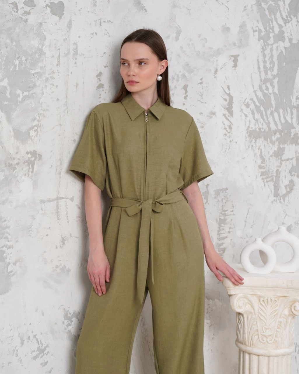 Kuşaklı gömlek yaka salaş tulum haki s255822