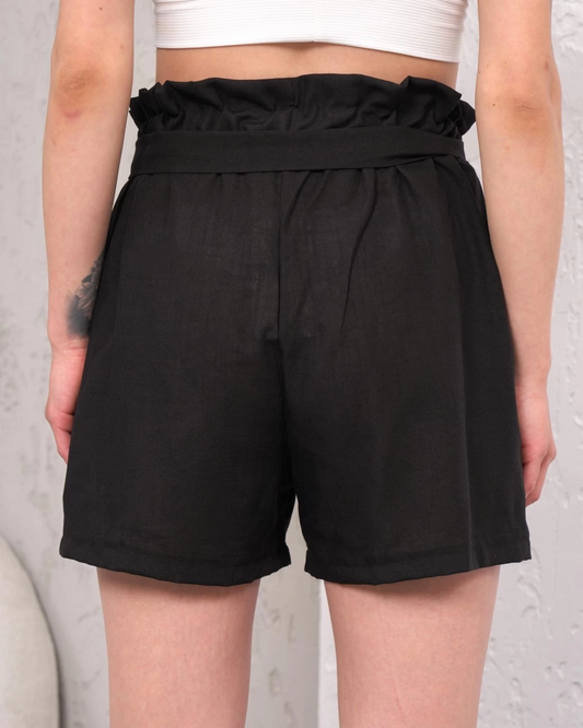 Kuşaklı keten şort siyah s255265