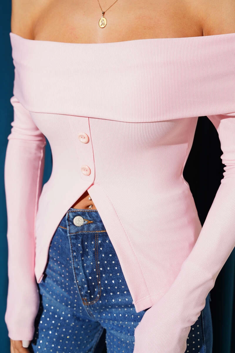 Madonna Yaka Düğmeli Bluz pembe t4329