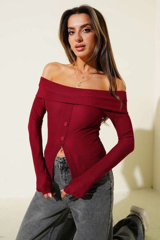 Madonna Yaka Düğmeli Bluz bordo t4329