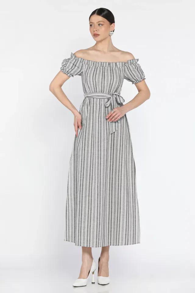 Madonna yaka midi yırtmaçlı kuşaklı keten elbise