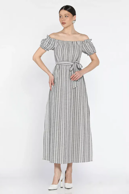 Madonna yaka midi yırtmaçlı kuşaklı keten elbise