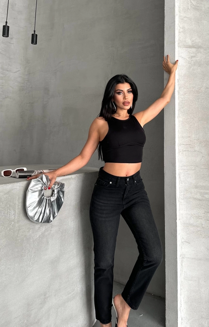 Mom fit enzim bıyıklı taş yıkama jeans pantolon siyah d2006