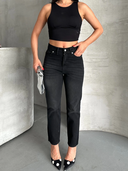 Mom fit enzim bıyıklı taş yıkama jeans pantolon siyah d2006