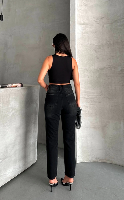 Mom fit enzim bıyıklı taş yıkama jeans pantolon siyah d2006