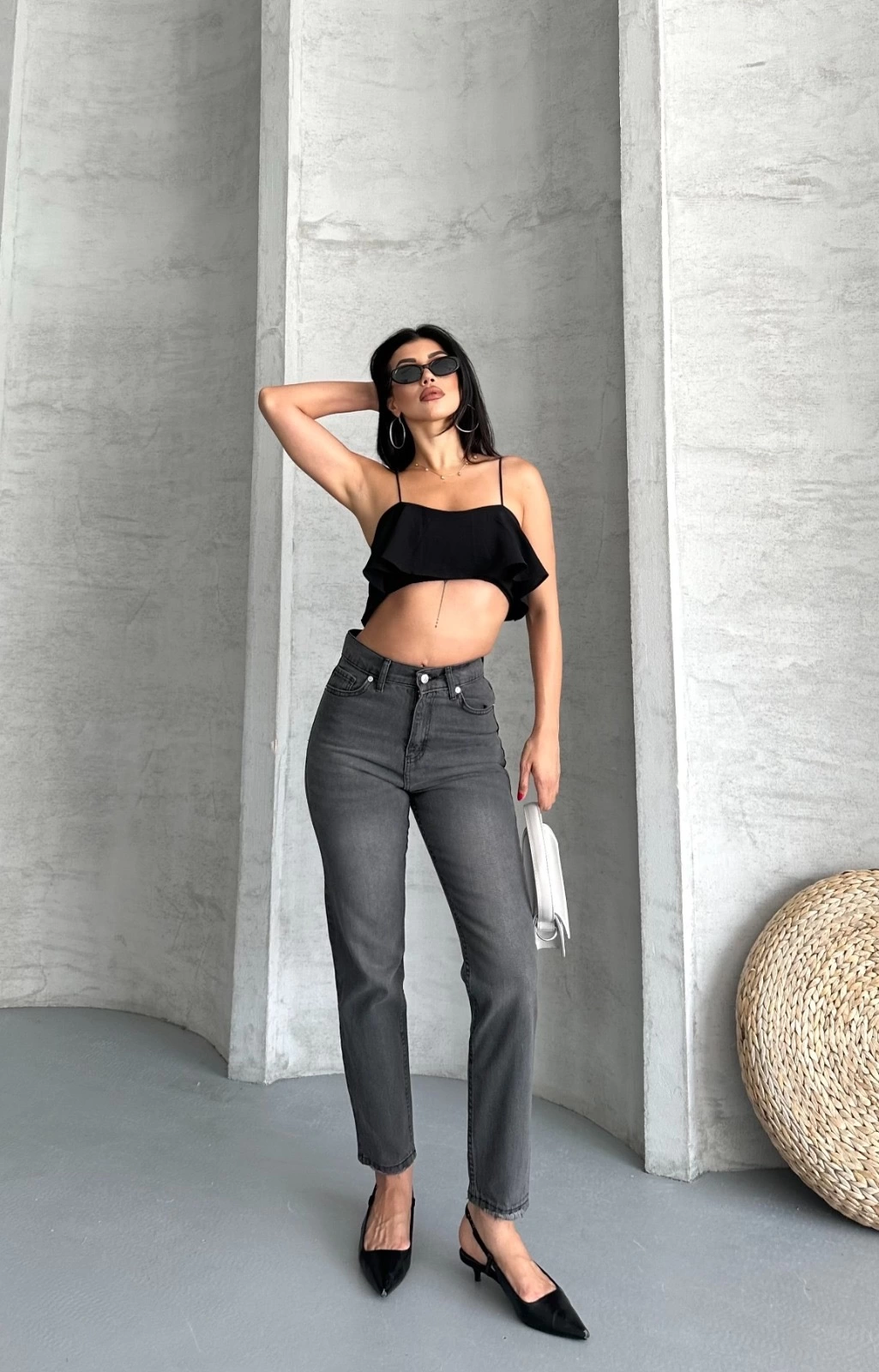 Mom fit enzim taş yıkama jeans pantolon füme d2006