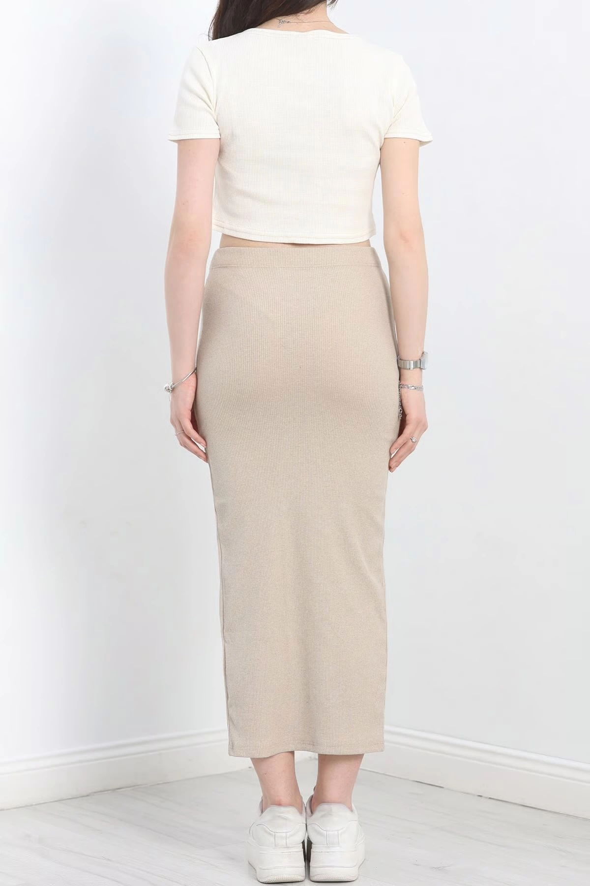 Nakışlı etekli takım bej beyaz s3899