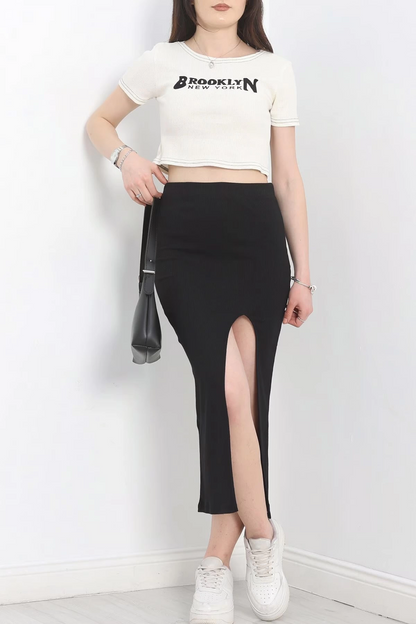 Nakışlı etekli takım siyah beyaz s3899