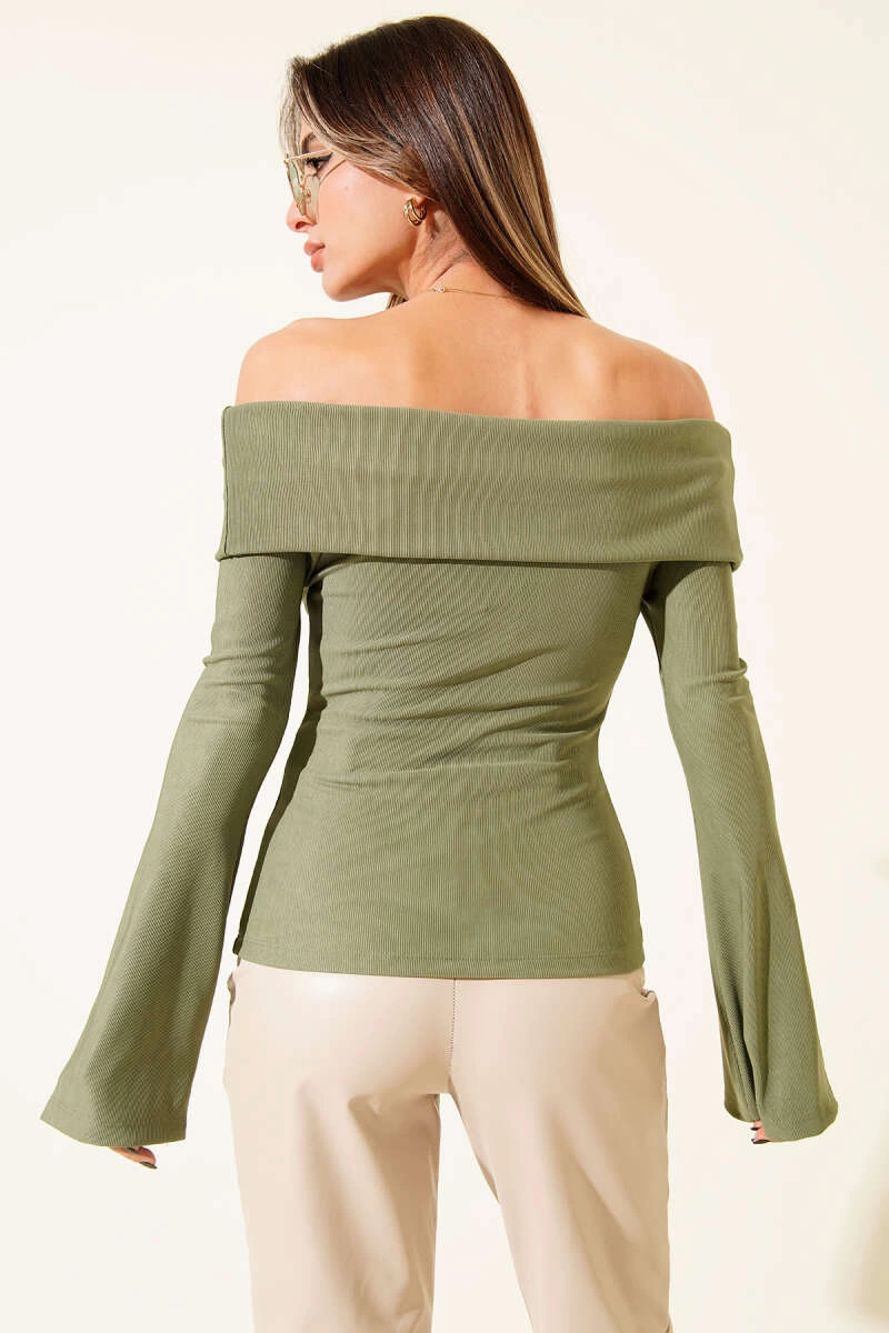 Omzu Açık Fermuarlı Bluz haki T4330