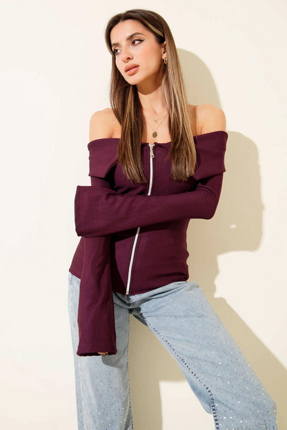 Omzu Açık Fermuarlı Bluz Mürdüm T4330