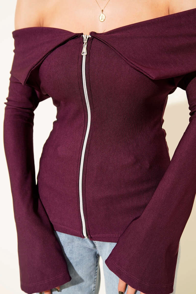 Omzu Açık Fermuarlı Bluz Mürdüm T4330