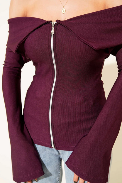 Omzu Açık Fermuarlı Bluz Mürdüm T4330