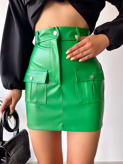 Önden iki cepli deri etek yeşil h240040