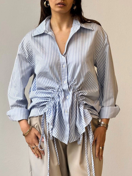 Önü büzgü detaylı çizgili gömlek