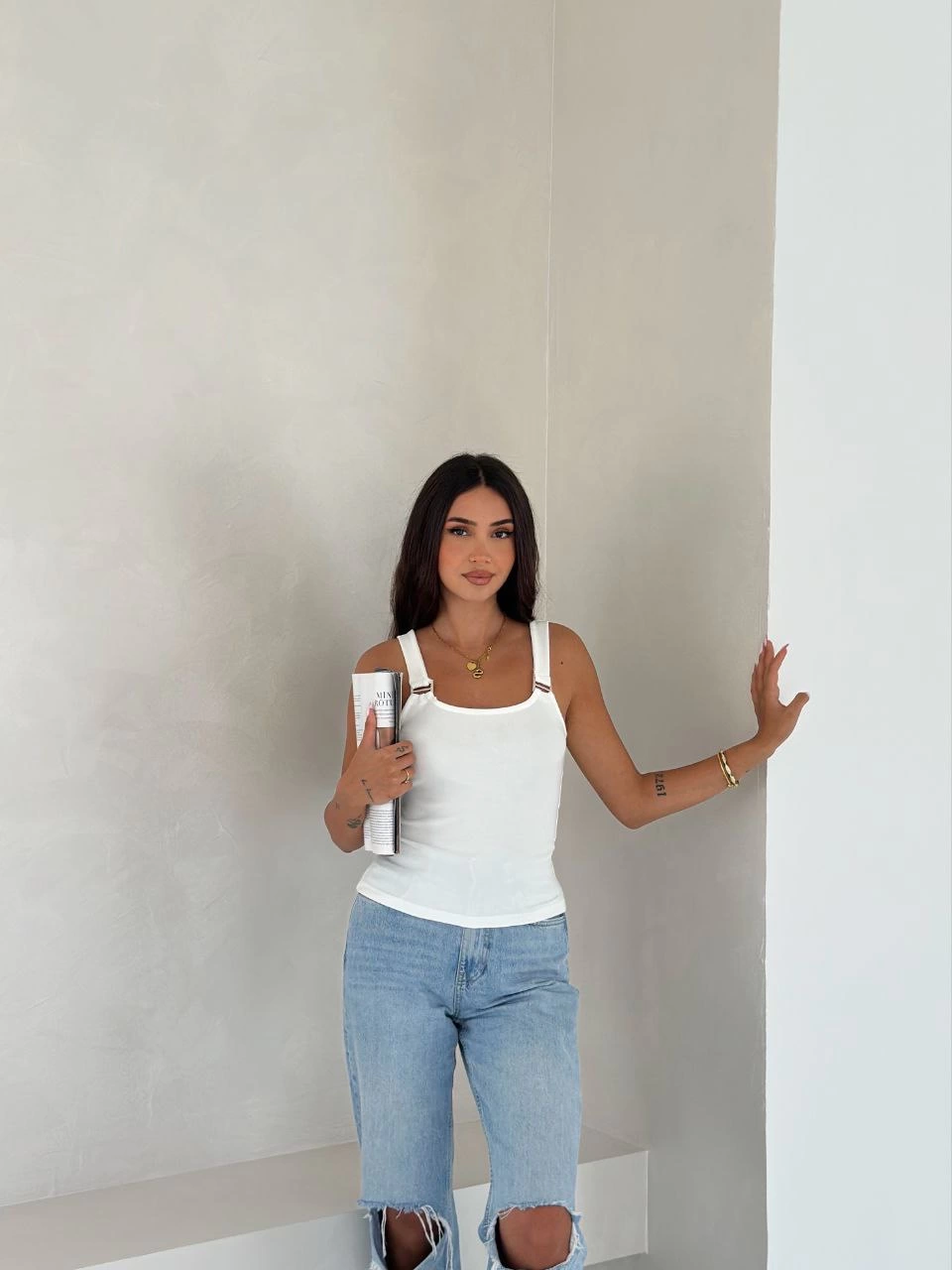 Ottoman toka askılı bluz beyaz s4194