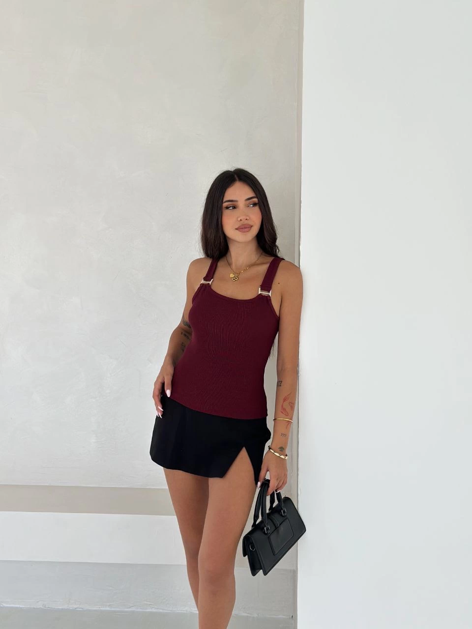 Ottoman toka askılı bluz bordo s4194