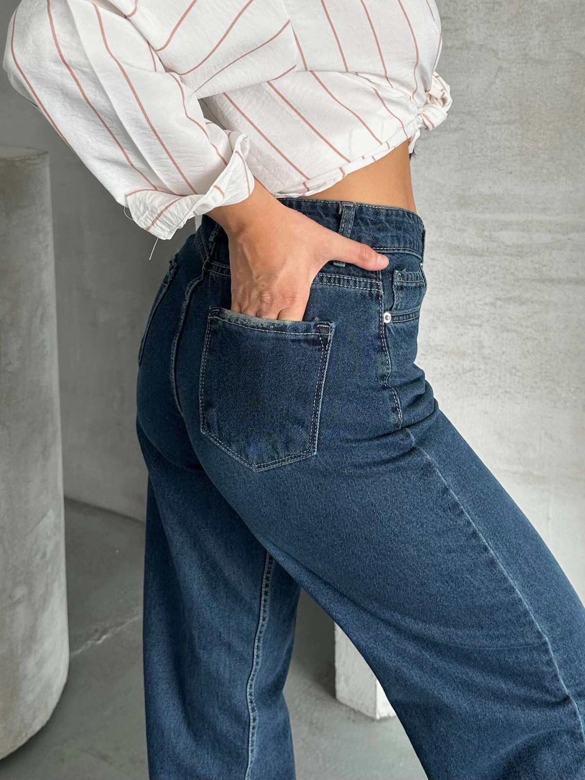 Palazzo bıyık enzim yıkama jeans pantolon koyu mavi d2008