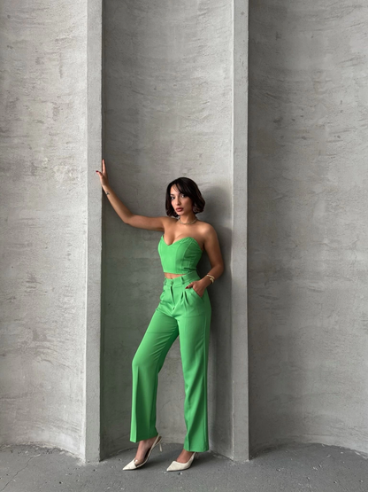 Palazzo pantolonlu alt üst takım yeşil