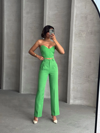 Palazzo pantolonlu alt üst takım yeşil