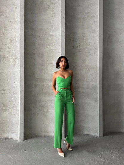 Palazzo pantolonlu alt üst takım yeşil