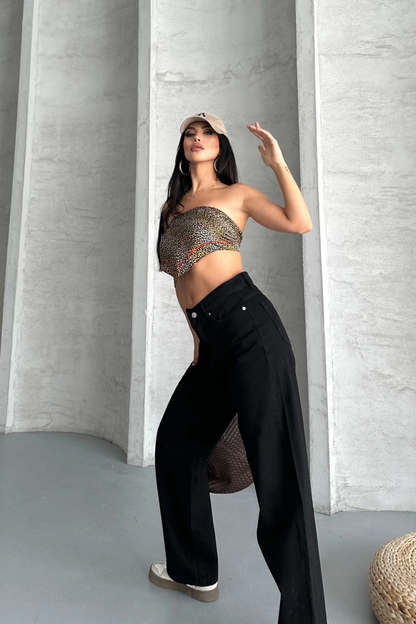 Palazzo straight enzim süper taş yıkama jeans pantolon siyah d2008