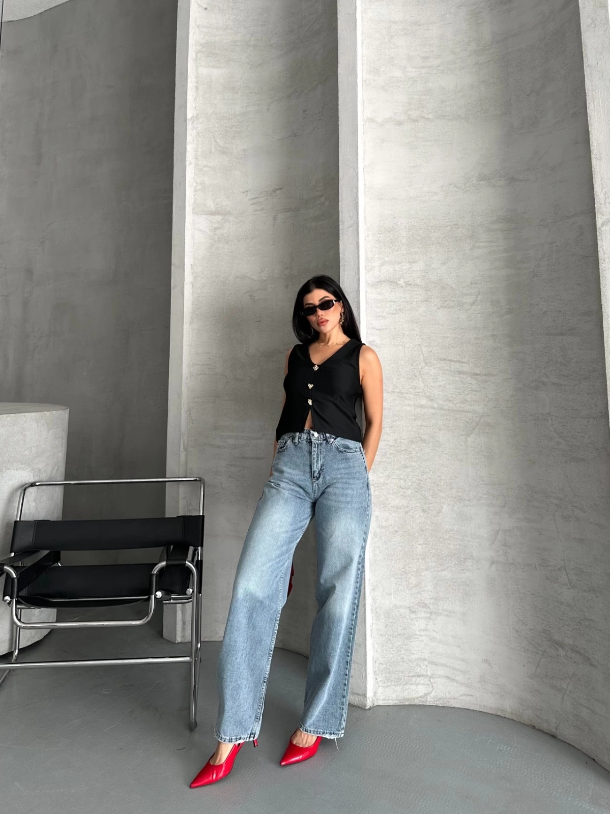 Palazzo straight kar yıkama jeans pantolon mavi d2008