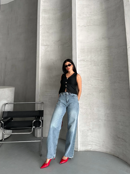 Palazzo straight kar yıkama jeans pantolon mavi d2008